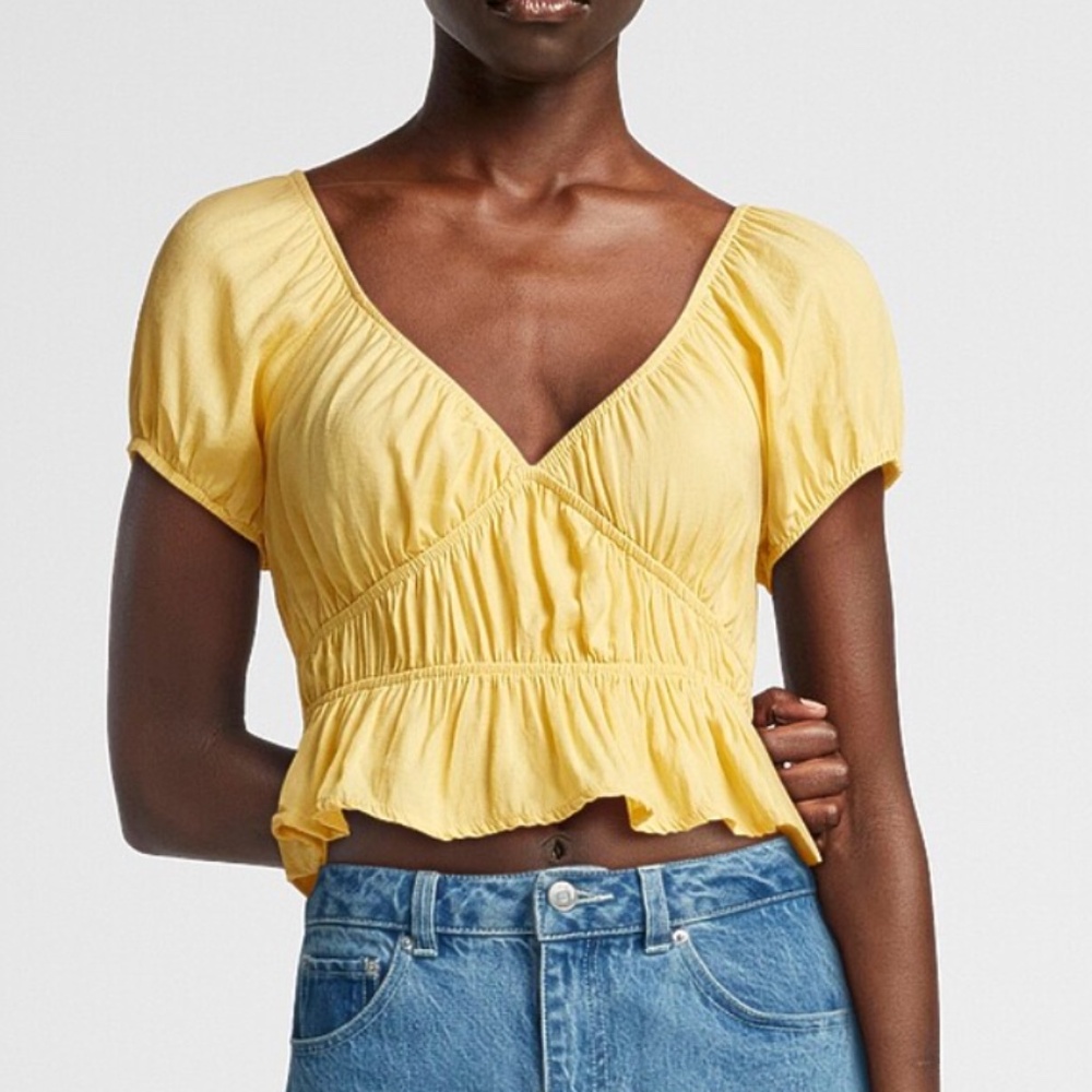 Golden yellow boho puff sleeve cropped peasant blouse NWT